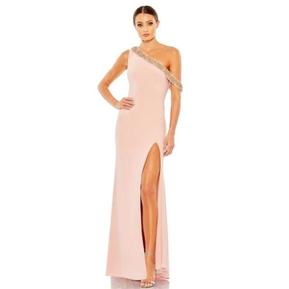 NWT MAC DUGGAL Beaded Drop One Shoulder Gown Jersey Knit‎ Rose Pink Dress 68163 - Picture 1 of 12